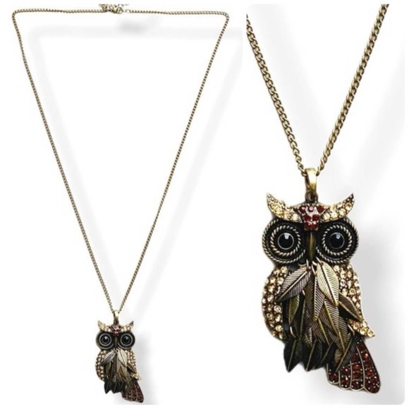 Owl Pendant Necklace Long Metal & Rhinestone Burnished Gold Boho Cottage - Picture 1 of 7